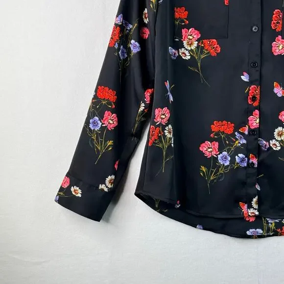 Express The Portofino Shirt Slim Fit Floral Long Sleeve Blouse Black Red Small - Picture 4 of 13